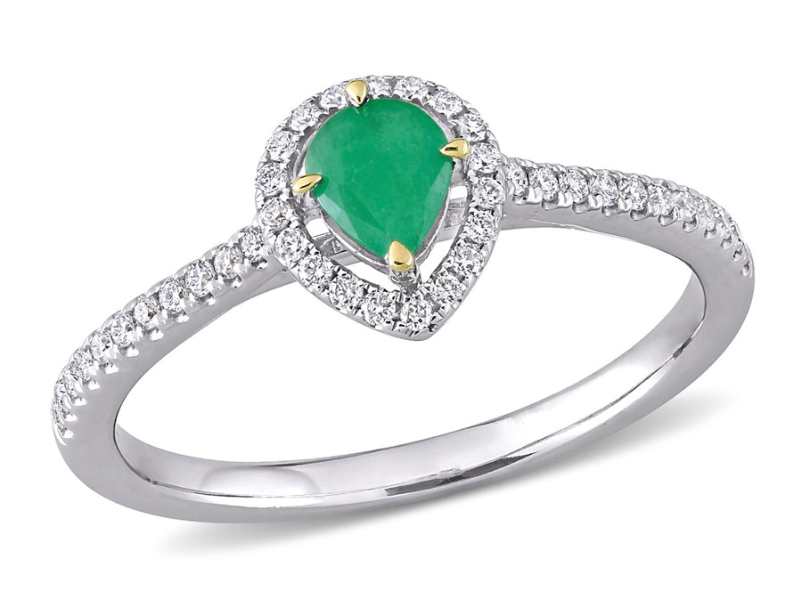 1/4 Carat (ctw) Emerald Pear Halo Ring in 14K White Gold with Diamonds Image 1