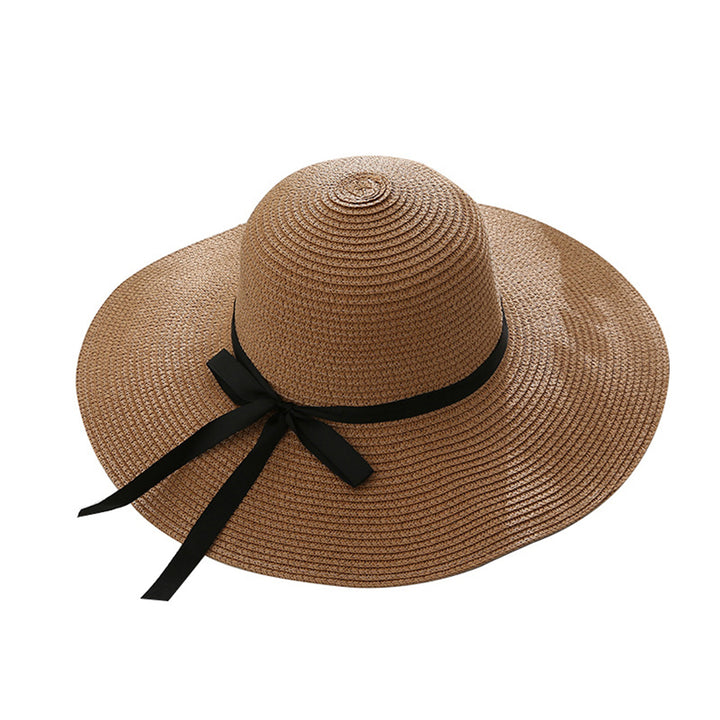 Women Summer Travel Beach UV Protection Bowknot Wide Brim Straw Hat Sun Cap Image 3