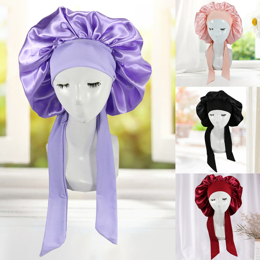 Solid Color Faux Silk Satin High Elastic Lacing Hair Bonnet Sleep Cap Hair Care for Hair Salon Image 1