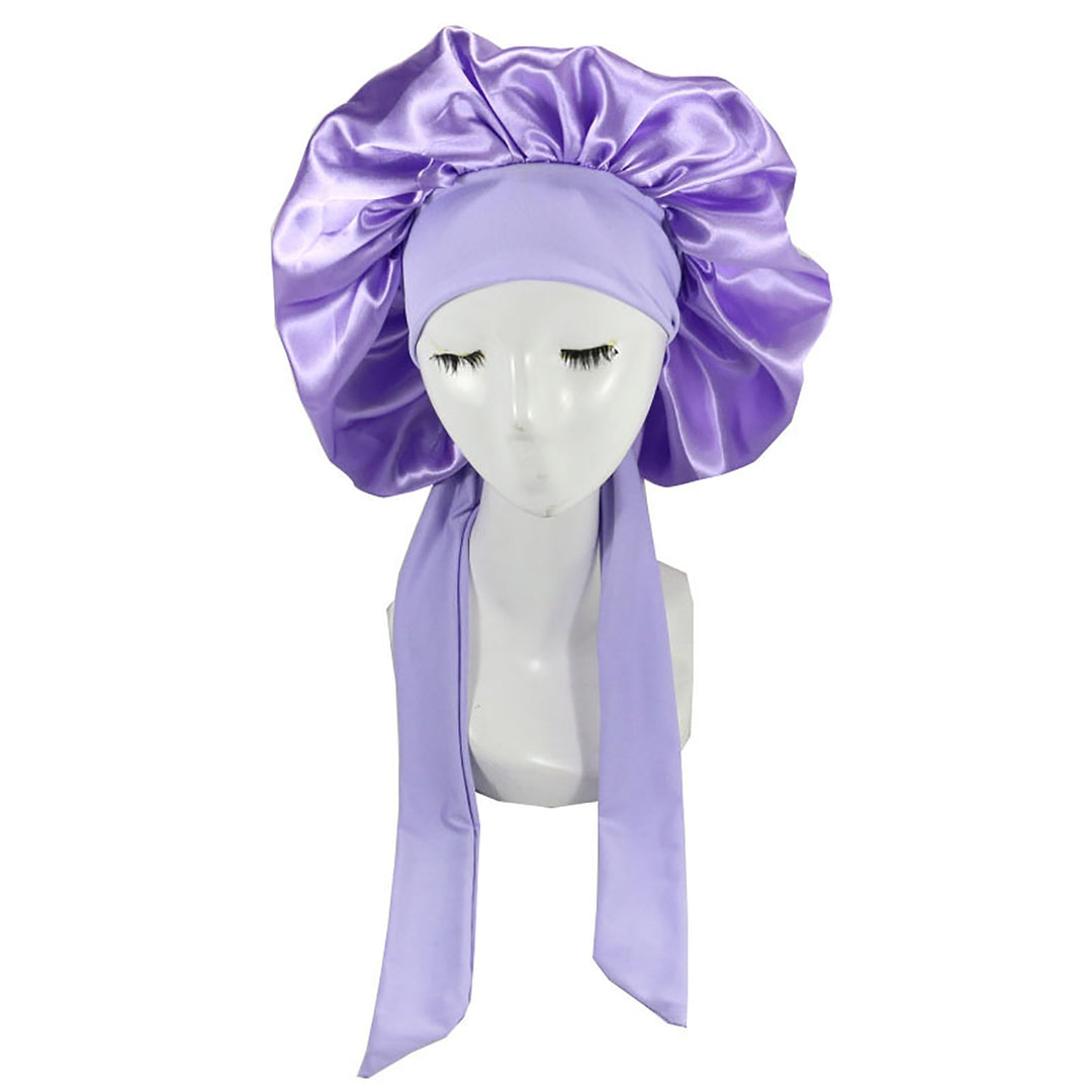 Solid Color Faux Silk Satin High Elastic Lacing Hair Bonnet Sleep Cap Hair Care for Hair Salon Image 3