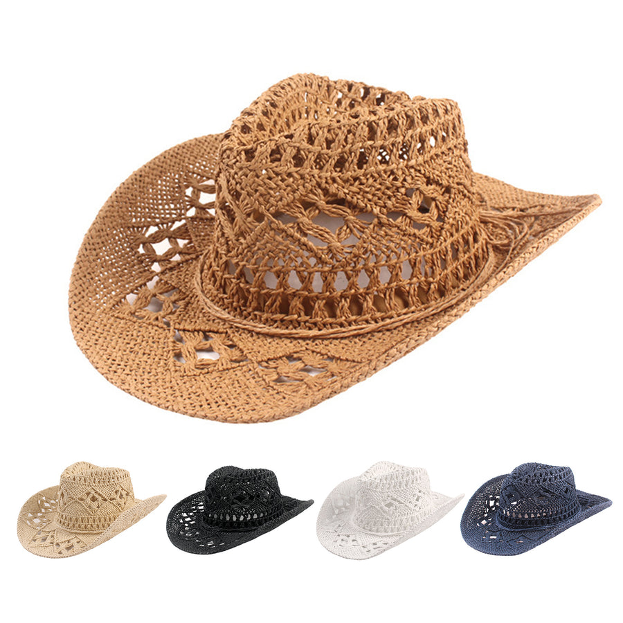 Cowboy Hat Classic Vintage Hollow Out Unisex Curled Edge Wide Brim Men Sun Hat Fishing Hat Image 1