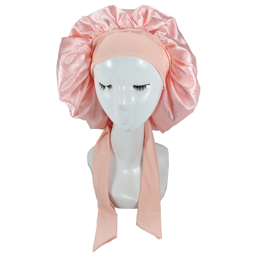 Solid Color Faux Silk Satin High Elastic Lacing Hair Bonnet Sleep Cap Hair Care for Hair Salon Image 4