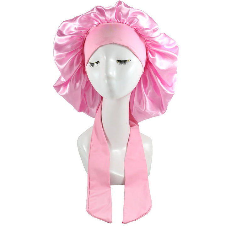 Solid Color Faux Silk Satin High Elastic Lacing Hair Bonnet Sleep Cap Hair Care for Hair Salon Image 6