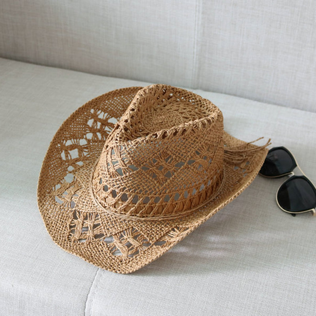 Cowboy Hat Classic Vintage Hollow Out Unisex Curled Edge Wide Brim Men Sun Hat Fishing Hat Image 3
