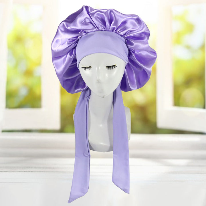 Solid Color Faux Silk Satin High Elastic Lacing Hair Bonnet Sleep Cap Hair Care for Hair Salon Image 7