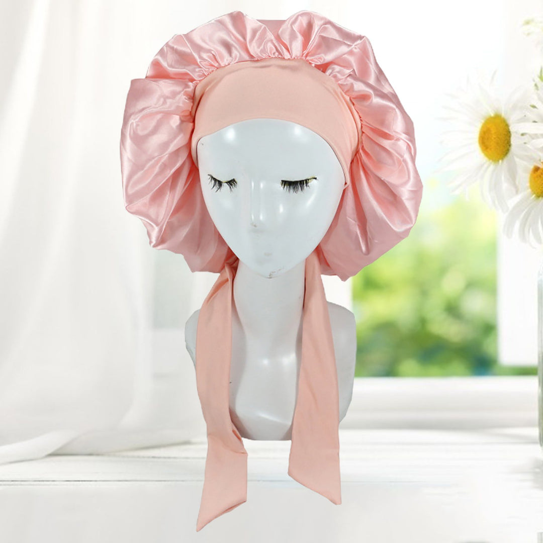 Solid Color Faux Silk Satin High Elastic Lacing Hair Bonnet Sleep Cap Hair Care for Hair Salon Image 9