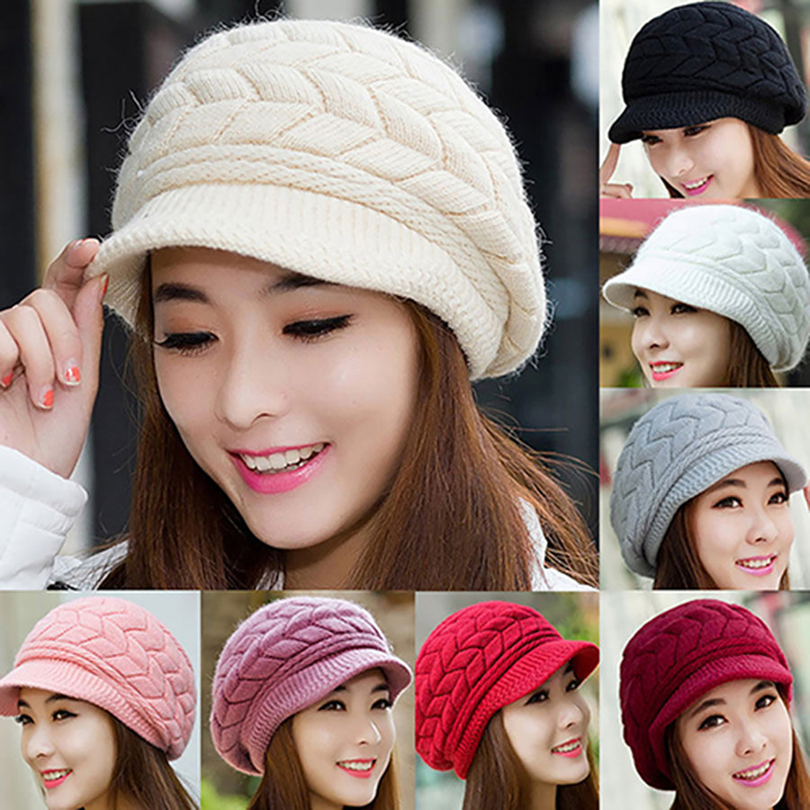 Knitted Hat Warm Flat Brim Shape Faux Rabbit faux Fashion Women Cold Hat for Cold Weather Image 1