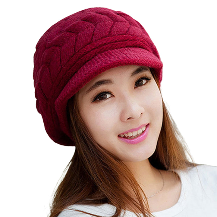 Knitted Hat Warm Flat Brim Shape Faux Rabbit faux Fashion Women Cold Hat for Cold Weather Image 4