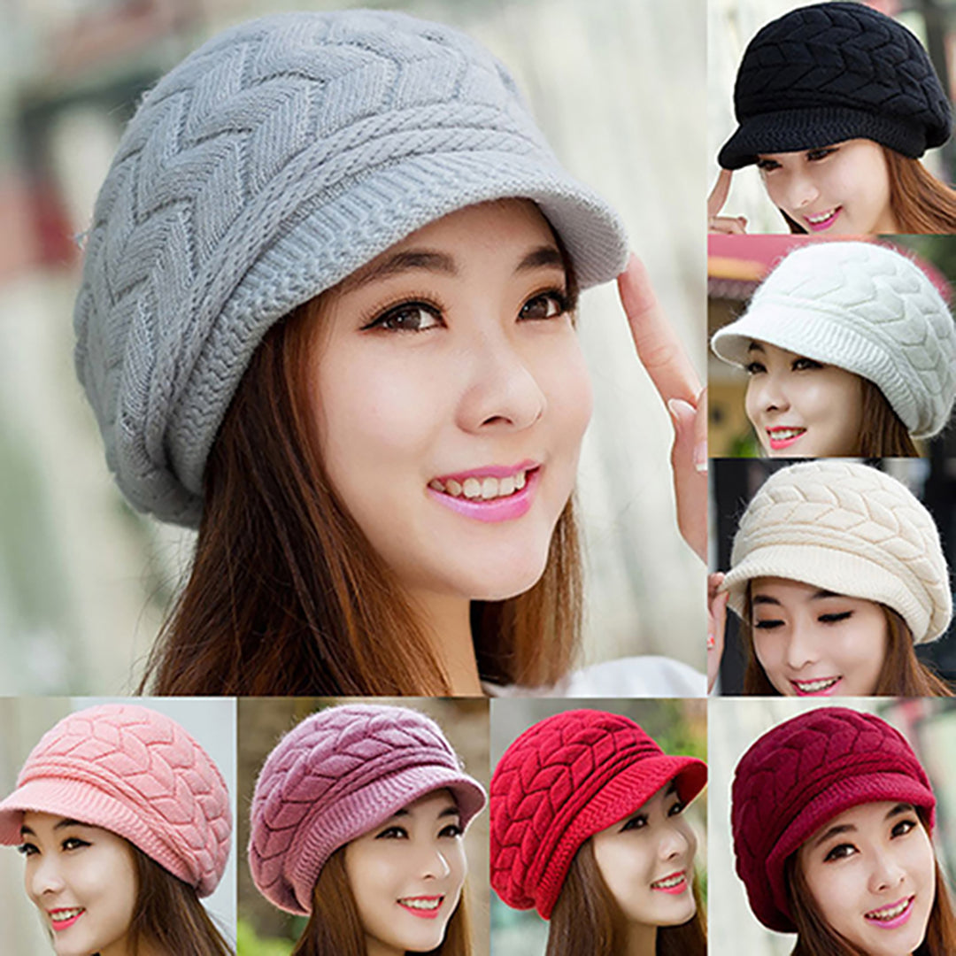 Knitted Hat Warm Flat Brim Shape Faux Rabbit faux Fashion Women Cold Hat for Cold Weather Image 8