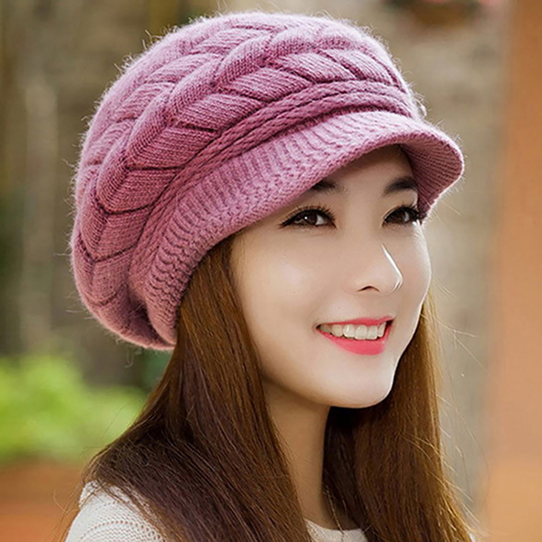 Knitted Hat Warm Flat Brim Shape Faux Rabbit faux Fashion Women Cold Hat for Cold Weather Image 10