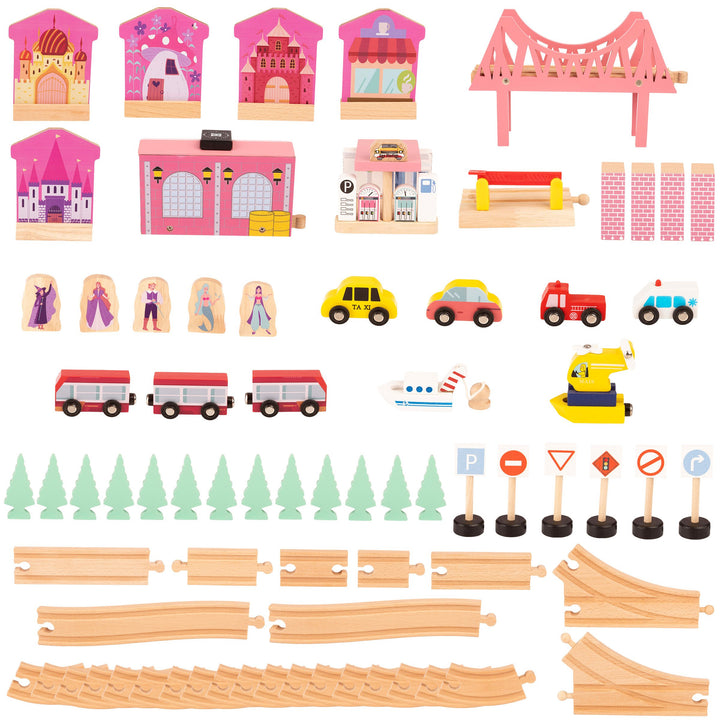 Wooden Train Set with Train Table - 75PC Play Set with TracksVehiclesBuildingsIllustrated Play Surfaceand Activity Table Image 4