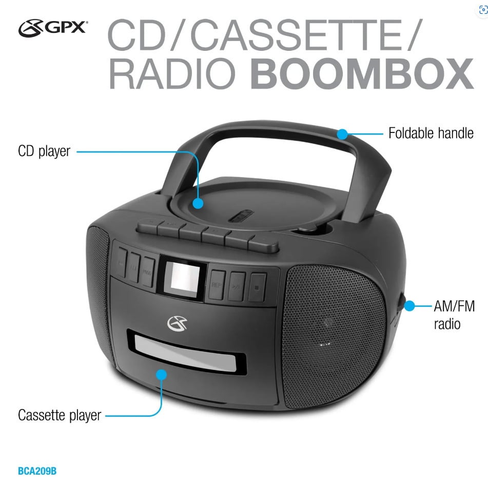 GPX CD/Cassette/AM/FM Boombox Black- Image 2