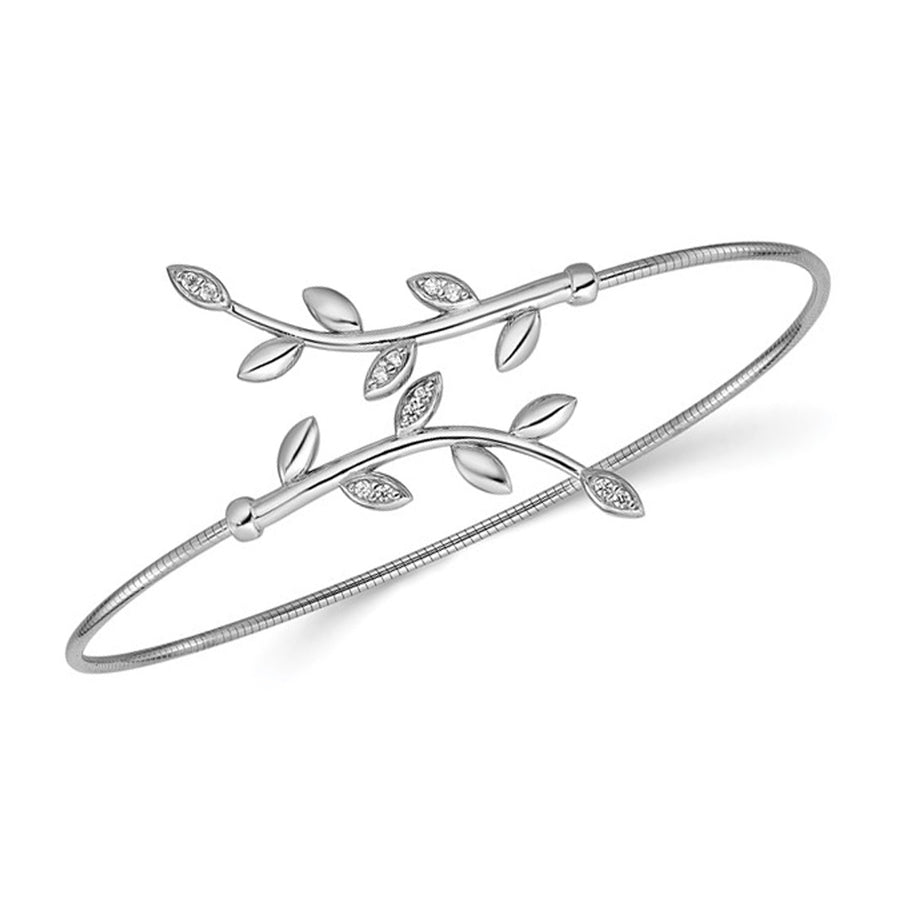 Stering Silver Leaf Bypass Flexible Cuff Bangle Bracelet with Synthetic Cubic Zirocnias Image 1