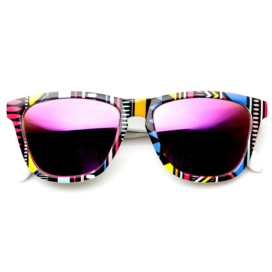 Native Print Color Mirror Lens Keyhole Bridge Horned Rim Sunglasses - 9378 Image 1
