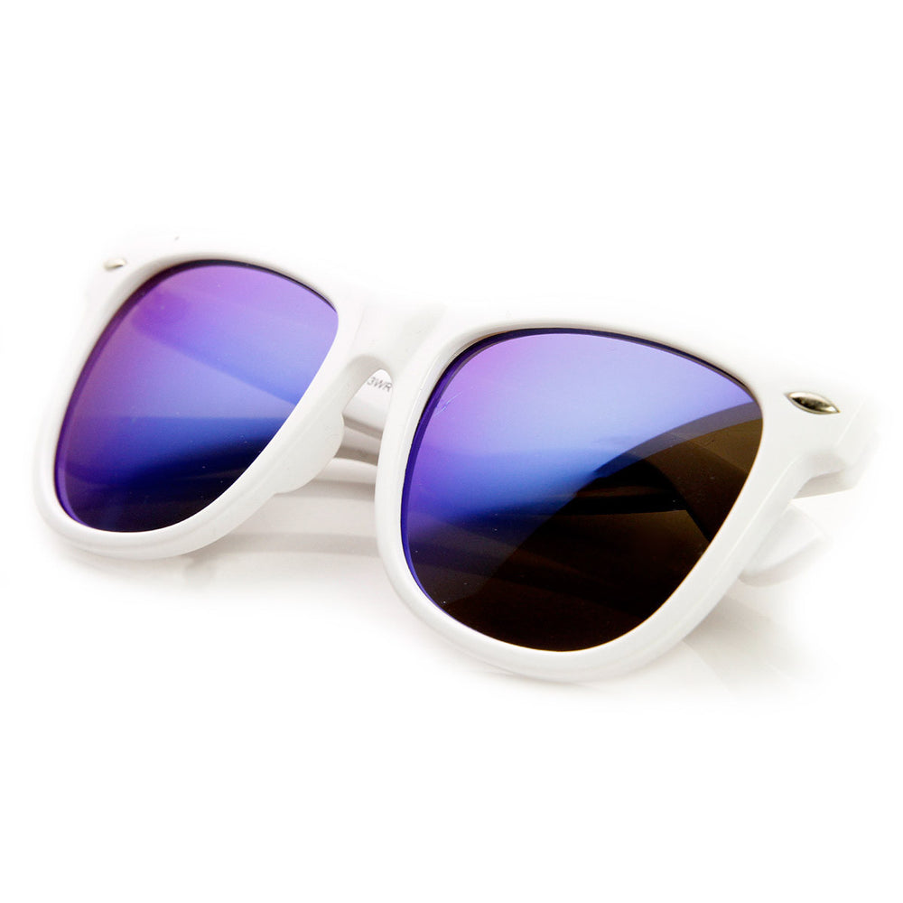 Oversized Mod White Frame Flash Mirror Lens Horned Rim Sunglasses - 8079 Image 2