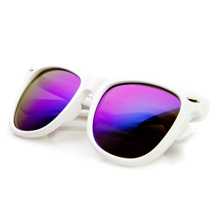 Oversized Mod White Frame Flash Mirror Lens Horned Rim Sunglasses - 8079 Image 3
