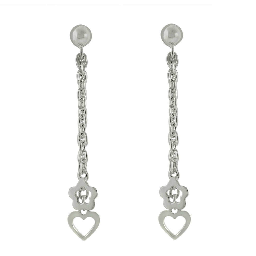 Sterling Silver Delicate Heart and Flower Dangle Earrings Image 3