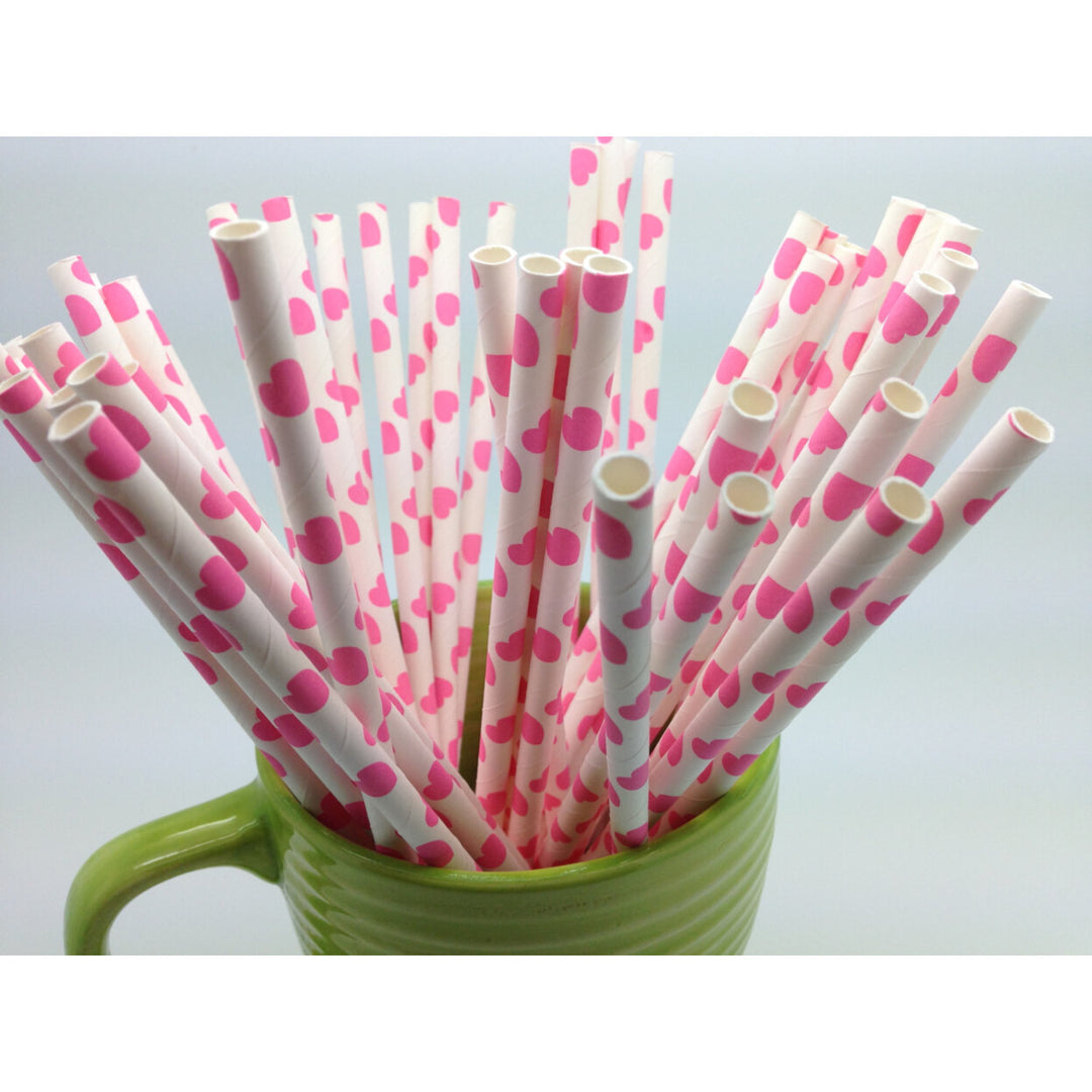 Set of 50 White w/Pink dots Paper Straws ships from Dallas Texas Image 1