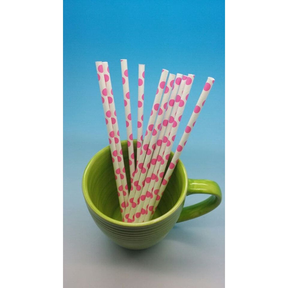 Set of 50 white with pink dots Paper Straws ships from Dallas Texas Image 1