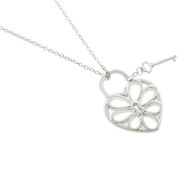 Sterling Silver Flower Cut Out Heart Shape Necklace With Key Image 1