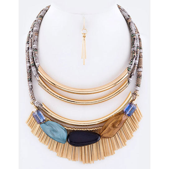 Gem Stone + Fringes Collar Statement Necklace Set Image 1