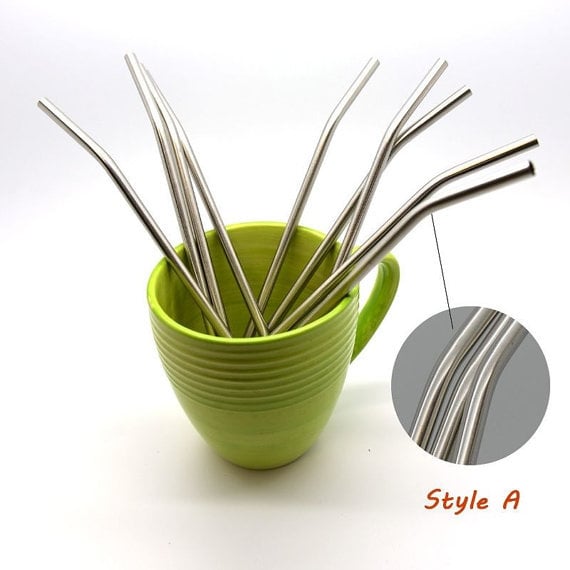 Curved Stainless Steel Drinking Straws Set of 10 plus FREE brush - Style A Image 1