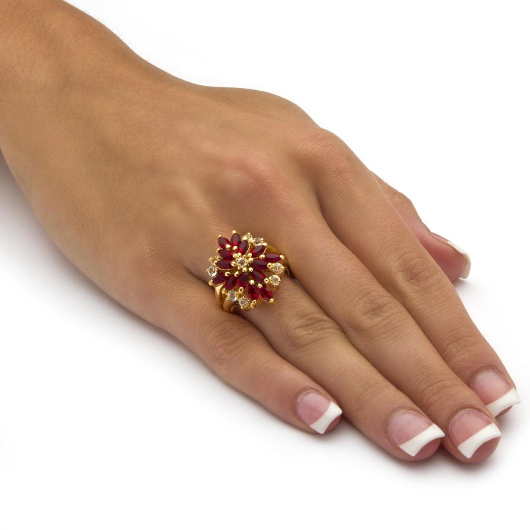 Marquise-Cut Red Crystal Flower Cocktail Ring in 18k Gold-Plated Image 3