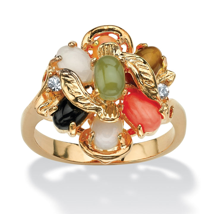 Oval-Shaped CoralOpalJadeOnyx and Tigers-Eye Cluster Ring in 14k Gold-Plated Image 1