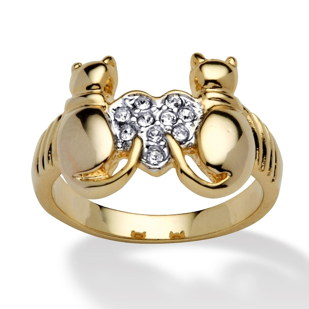 Round Crystal 14k Yellow Gold-Plated Cats and Heart Ring Image 1
