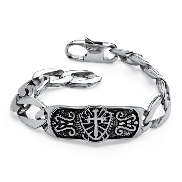 Mens Cross and Shield ID Link Bracelet in Stainless Steel Image 1