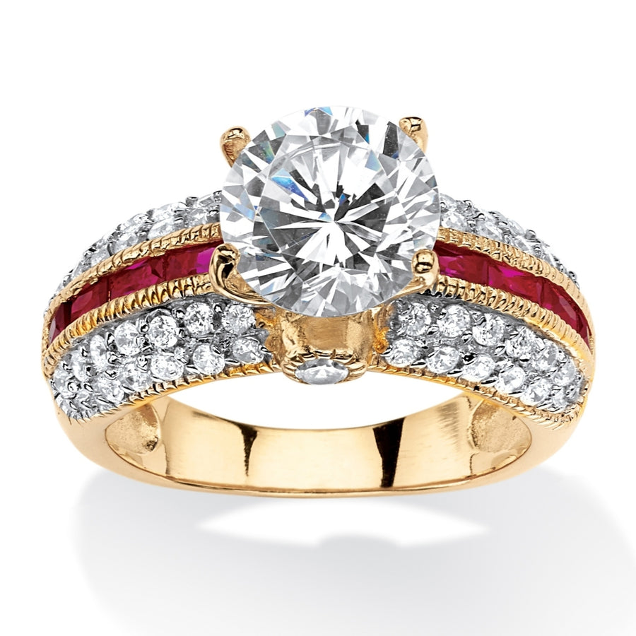5.51 TCW Round Cubic Zirconia and Lab Created Ruby Ring in 14k Gold Over .925 Sterling Silver Image 1
