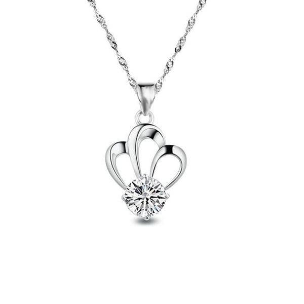 14k White Gold Overlay Sterling Silver Crown Design Pendant Necklace For Women Image 1