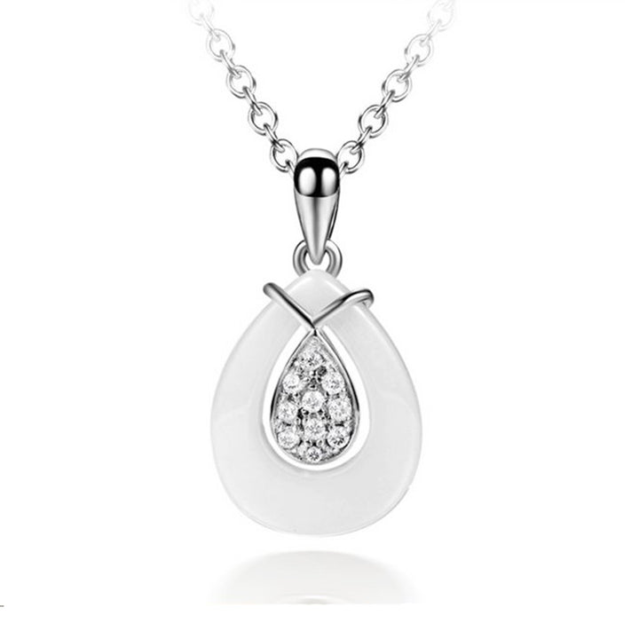 925 Sterling Silver CZ Diamond with fine Ceramics Angel Tears Pendant Necklace For Women (AAA) Image 1