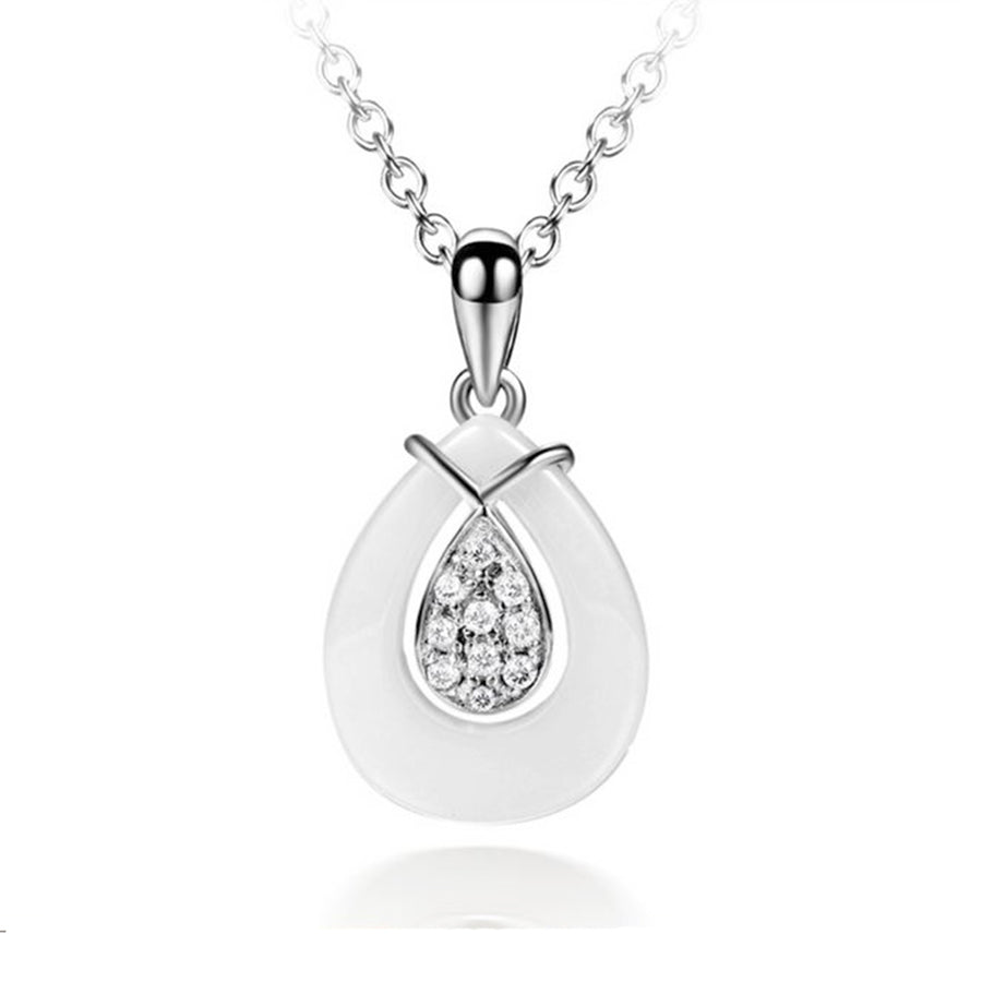 925 Sterling Silver CZ Diamond with fine Ceramics Angel Tears Pendant Necklace For Women (AAA) Image 1