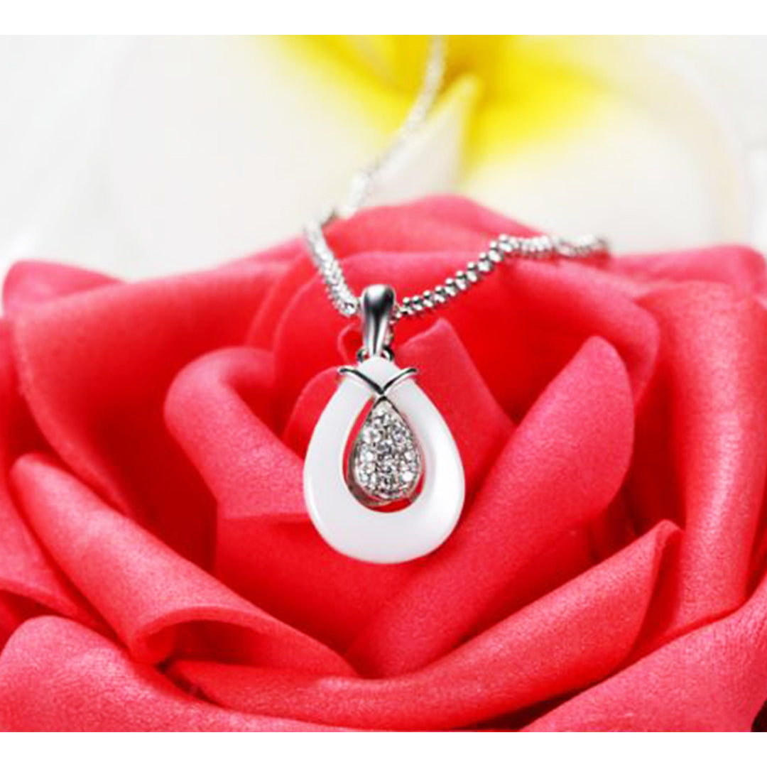 925 Sterling Silver CZ Diamond with fine Ceramics Angel Tears Pendant Necklace For Women (AAA) Image 2