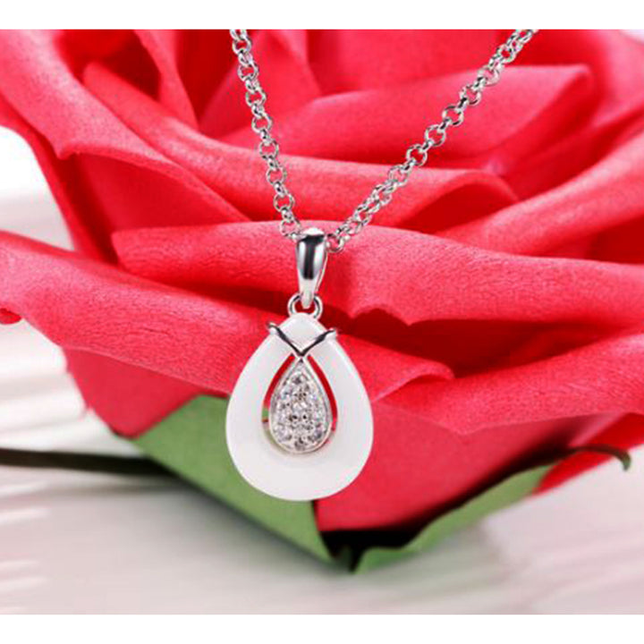 925 Sterling Silver CZ Diamond with fine Ceramics Angel Tears Pendant Necklace For Women (AAA) Image 4