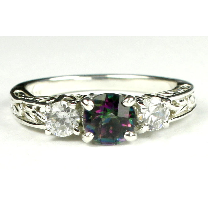 SR254 6mm Mystic Fire Topaz w/ Two 4mm CZ Accents 925 Sterling Silver Engagement Ring Image 2