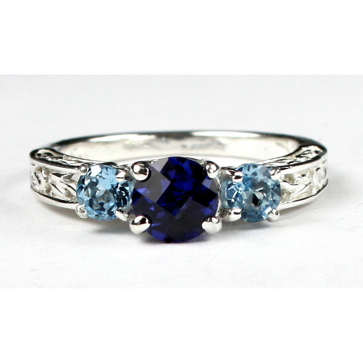 SR254 6mm Created Blue Sapphire w/ Two 4mm Swiss Blue Topaz Accents 925 Sterling Silver Engagement Ring Image 2