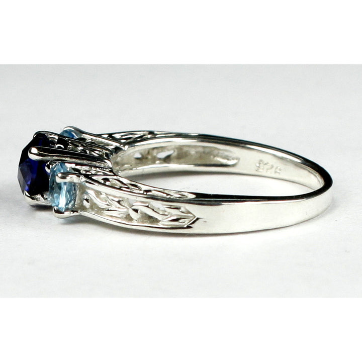 SR254 6mm Created Blue Sapphire w/ Two 4mm Swiss Blue Topaz Accents 925 Sterling Silver Engagement Ring Image 4