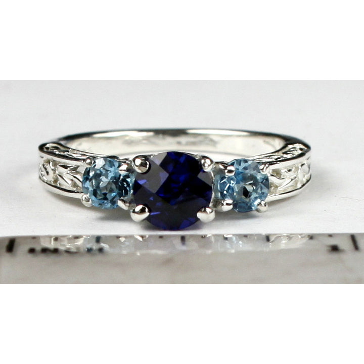 SR254 6mm Created Blue Sapphire w/ Two 4mm Swiss Blue Topaz Accents 925 Sterling Silver Engagement Ring Image 6