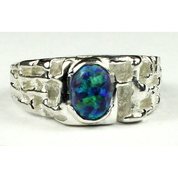 Sterling Silver Mens Ring Created Blue/Green Opal SR197 Image 1