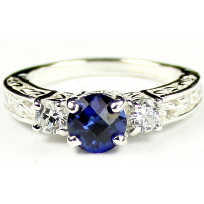 SR254 6mm Created Blue Sapphire w/ Two 4mm CZ Accents 925 Sterling Silver Engagement Ring Image 1