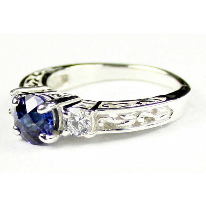 SR254 6mm Created Blue Sapphire w/ Two 4mm CZ Accents 925 Sterling Silver Engagement Ring Image 2