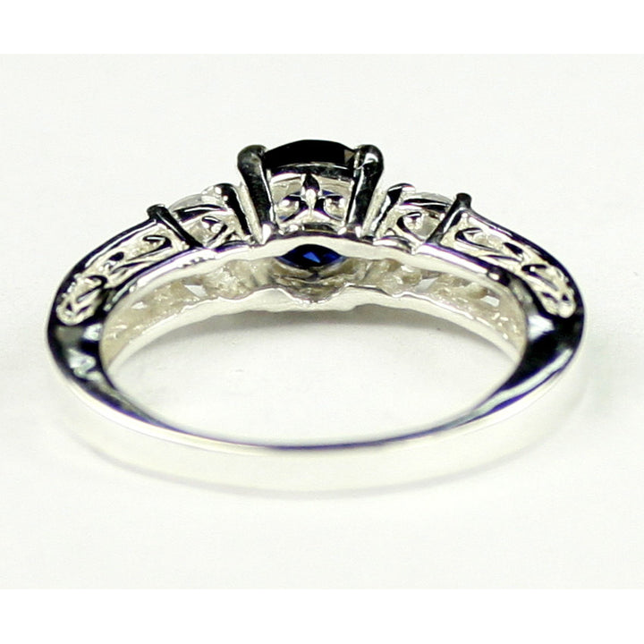 SR254 6mm Created Blue Sapphire w/ Two 4mm CZ Accents 925 Sterling Silver Engagement Ring Image 4