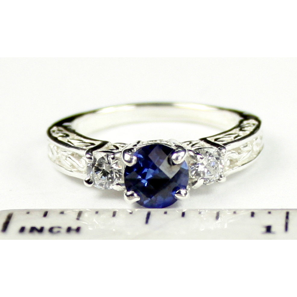 SR254 6mm Created Blue Sapphire w/ Two 4mm CZ Accents 925 Sterling Silver Engagement Ring Image 4