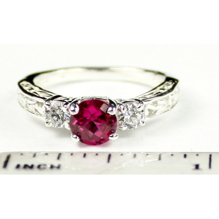 SR254 6mm Created Ruby w/ Two 4mm CZ Accents 925 Sterling Silver Engagement Ring Image 4