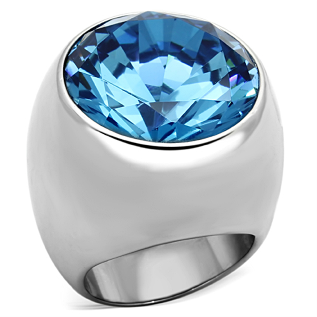 Womens Stainless Steel 316 Aquamarine Synthetic Glass Dome Cocktail Ring Image 1