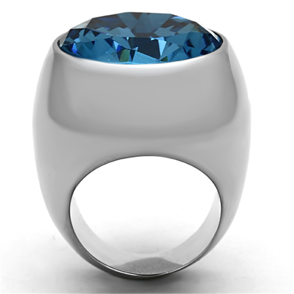 Womens Stainless Steel 316 Aquamarine Synthetic Glass Dome Cocktail Ring Image 3