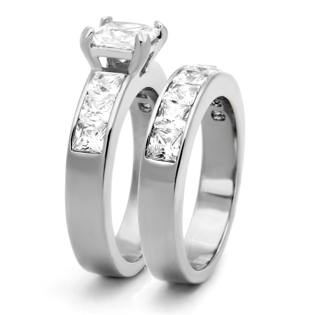 Womens Stainless Steel 316 Princess Cut 3.75 Carat Zirconia Wedding Ring Set Image 4