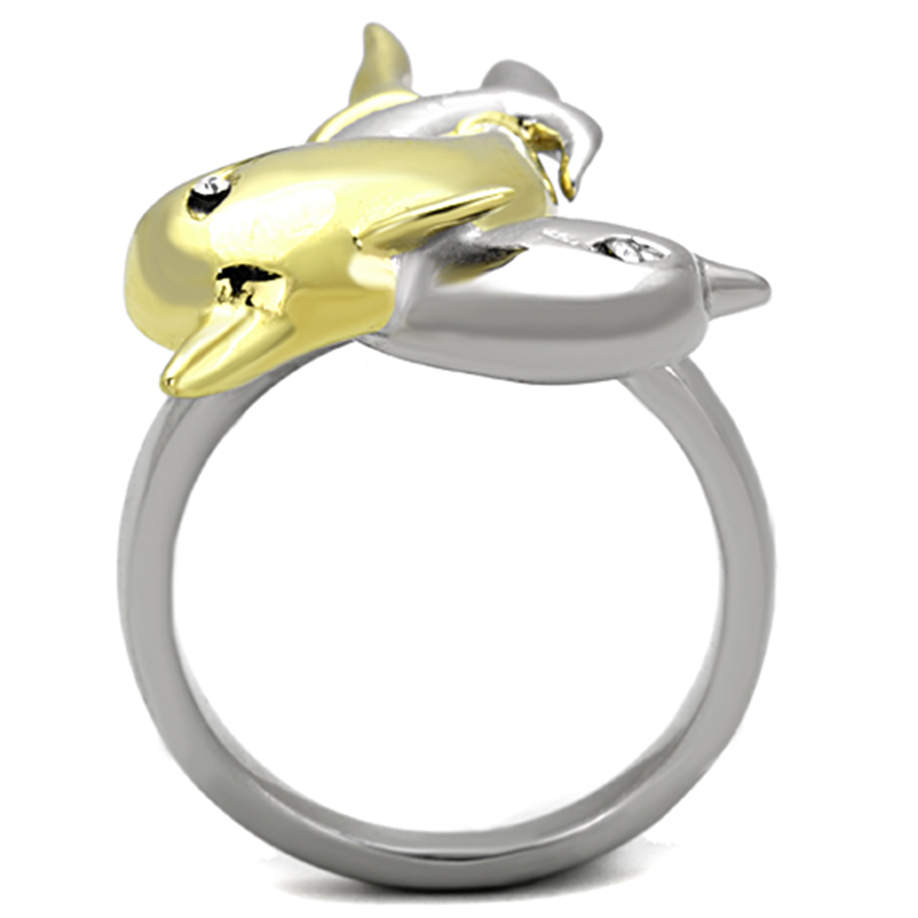 Womens Stainless Steel 316 Two Toned Plated Crystal Dolphin Fashion Ring Image 3